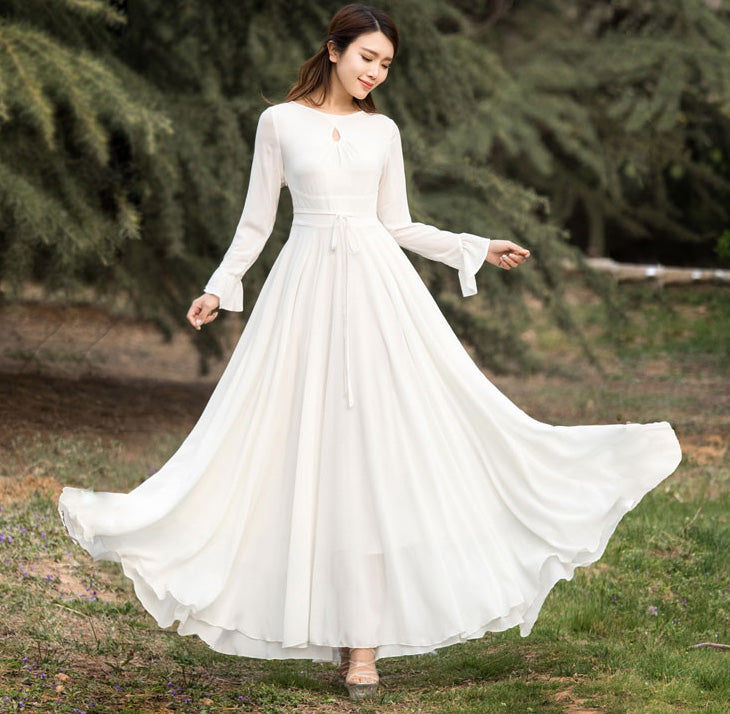 White Chiffon Maxi Dress with Flared Skirt and Keyhole Neckline