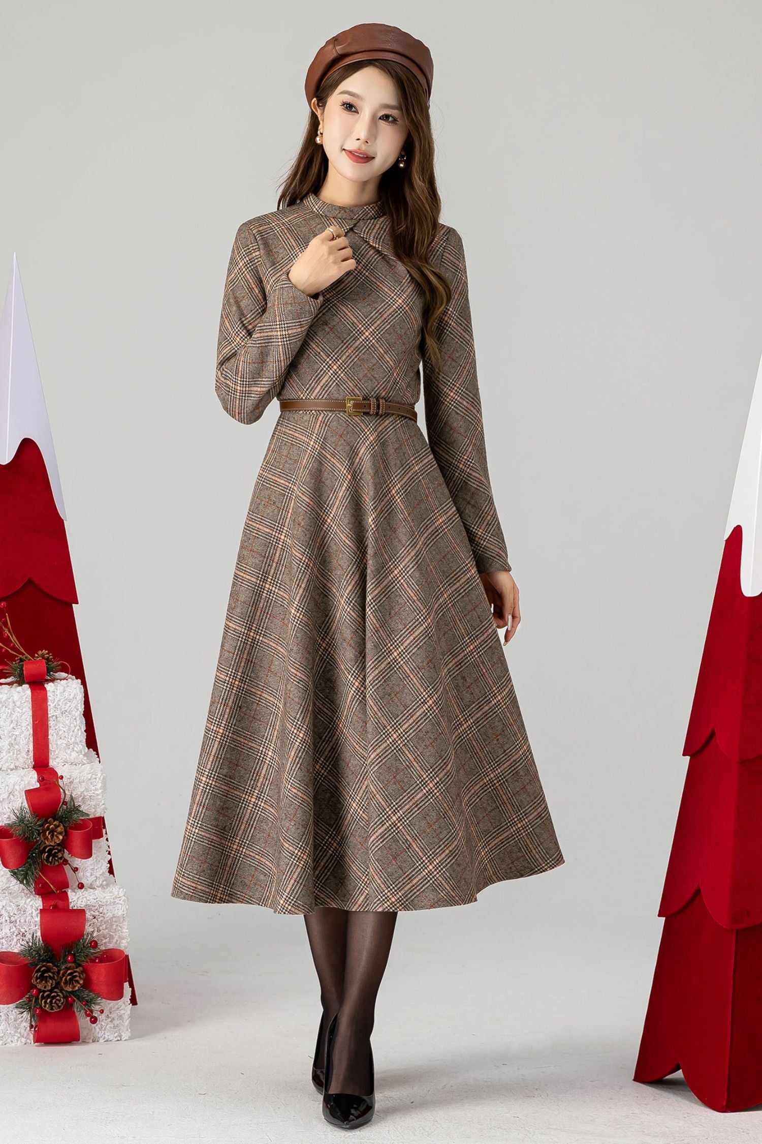Plaid Wool Swing Dress Vintage Long Sleeve Dress with Bow Tie | Xiaolizi 4616 Plaid / S Plaid Wool Swing Dress Vintage Long Sleeve Dress with Bow Tie | Xiaolizi 4616 Plaid / S