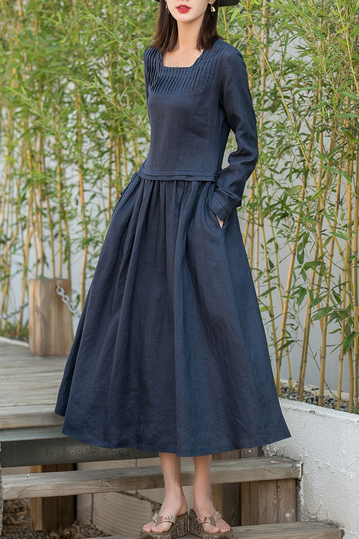 Blue Linen Maxi Dress - Square Neckline with Long Sleeves 2874
