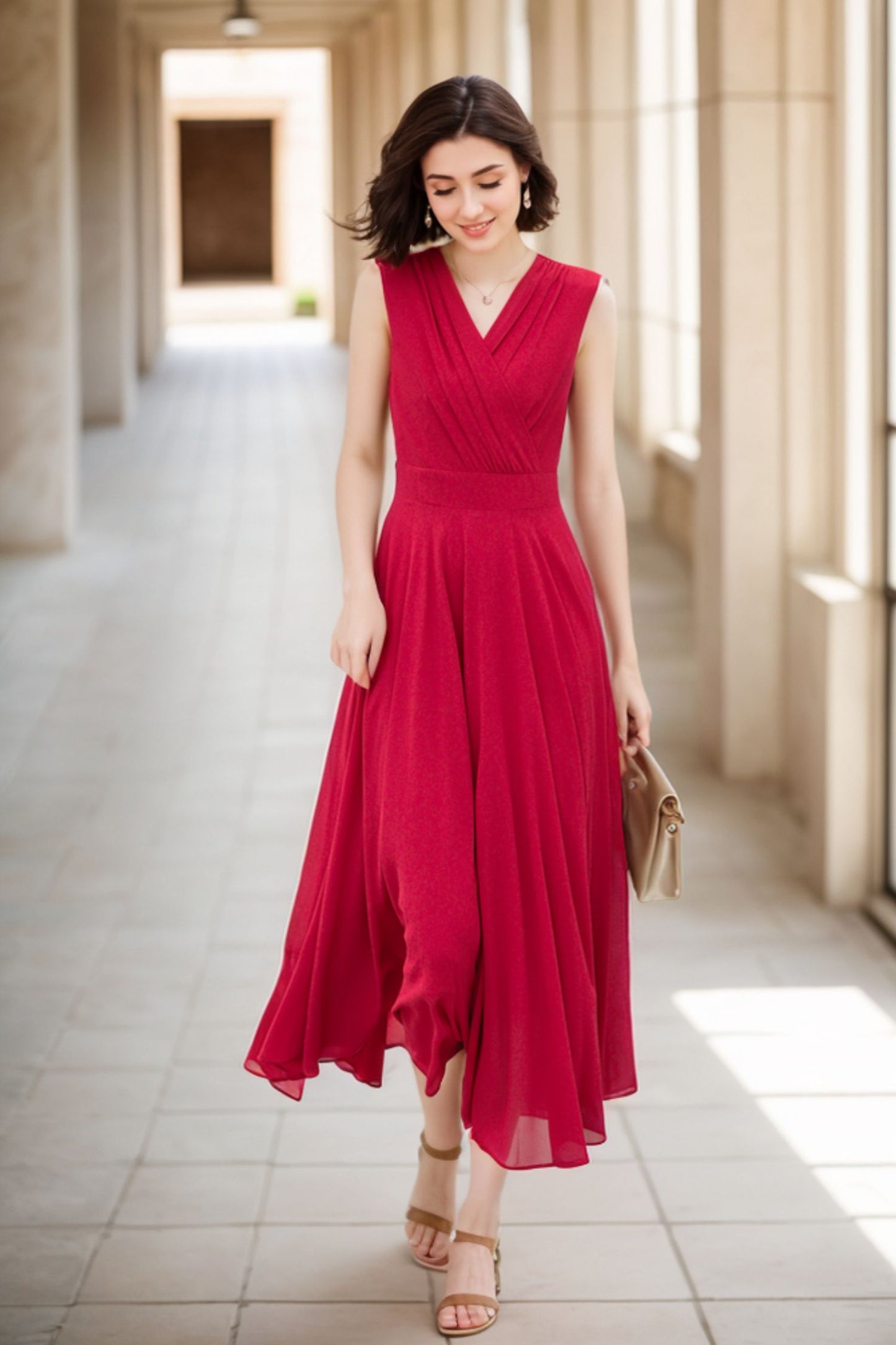 Burgundy sleeves summer prom chiffon dress 5173