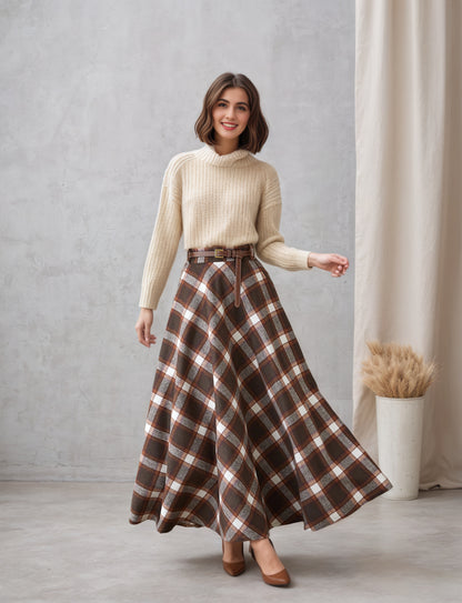 Plaid Wool Maxi Skirt – Brown Checkered Winter Skirt with Pockets & Elastic Waist 6551