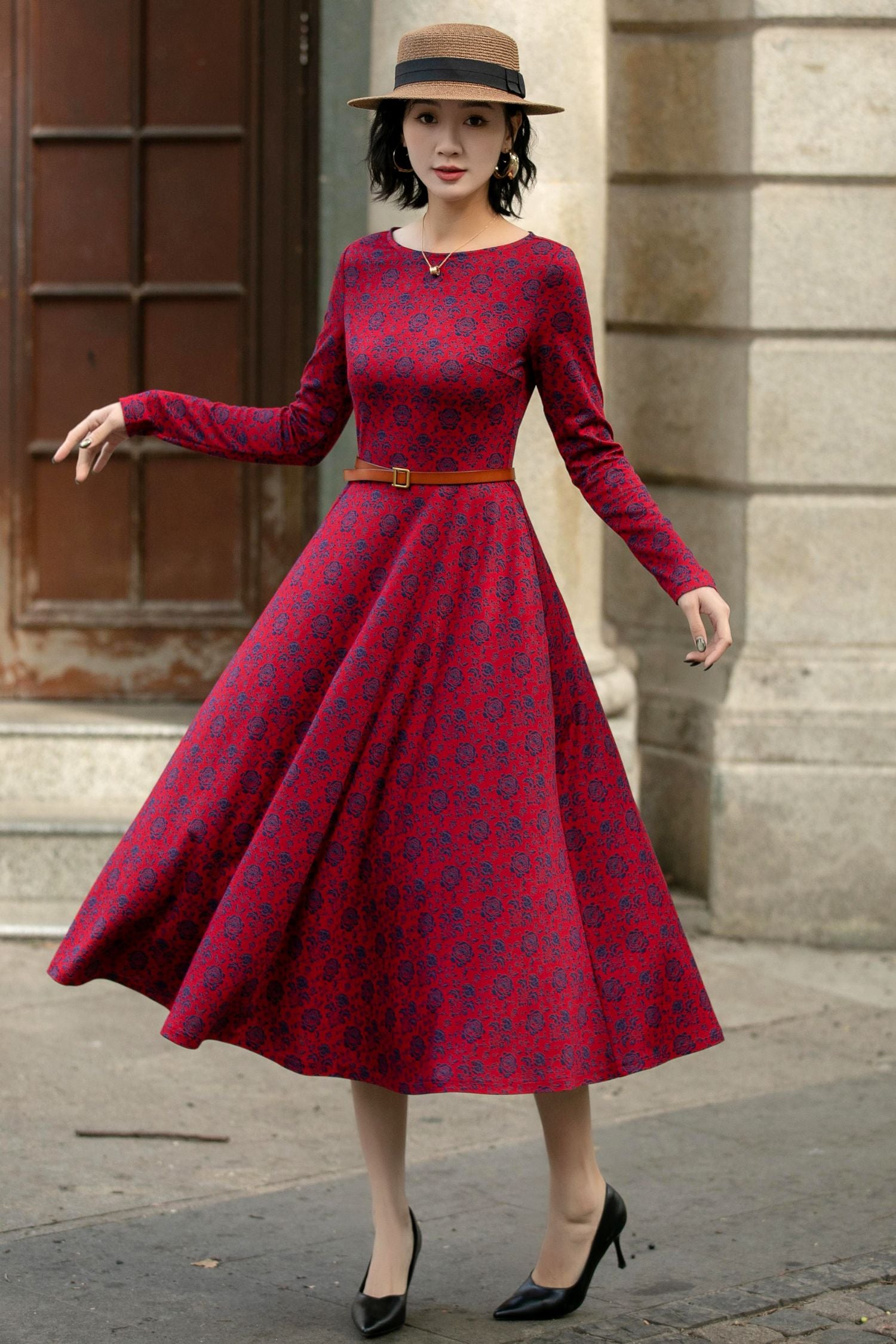 Stretch Floral Belted Midi Dress – Spring/Summer