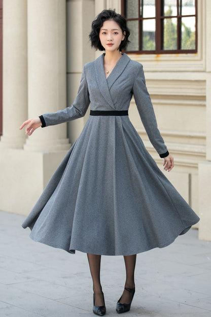 Elegant Gray Wool Dress – Long Sleeve Fit and Flare Midi Dress 5457