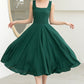Stylish Deep Green A-Line Linen Suspender Dress with Square Neckline 5860