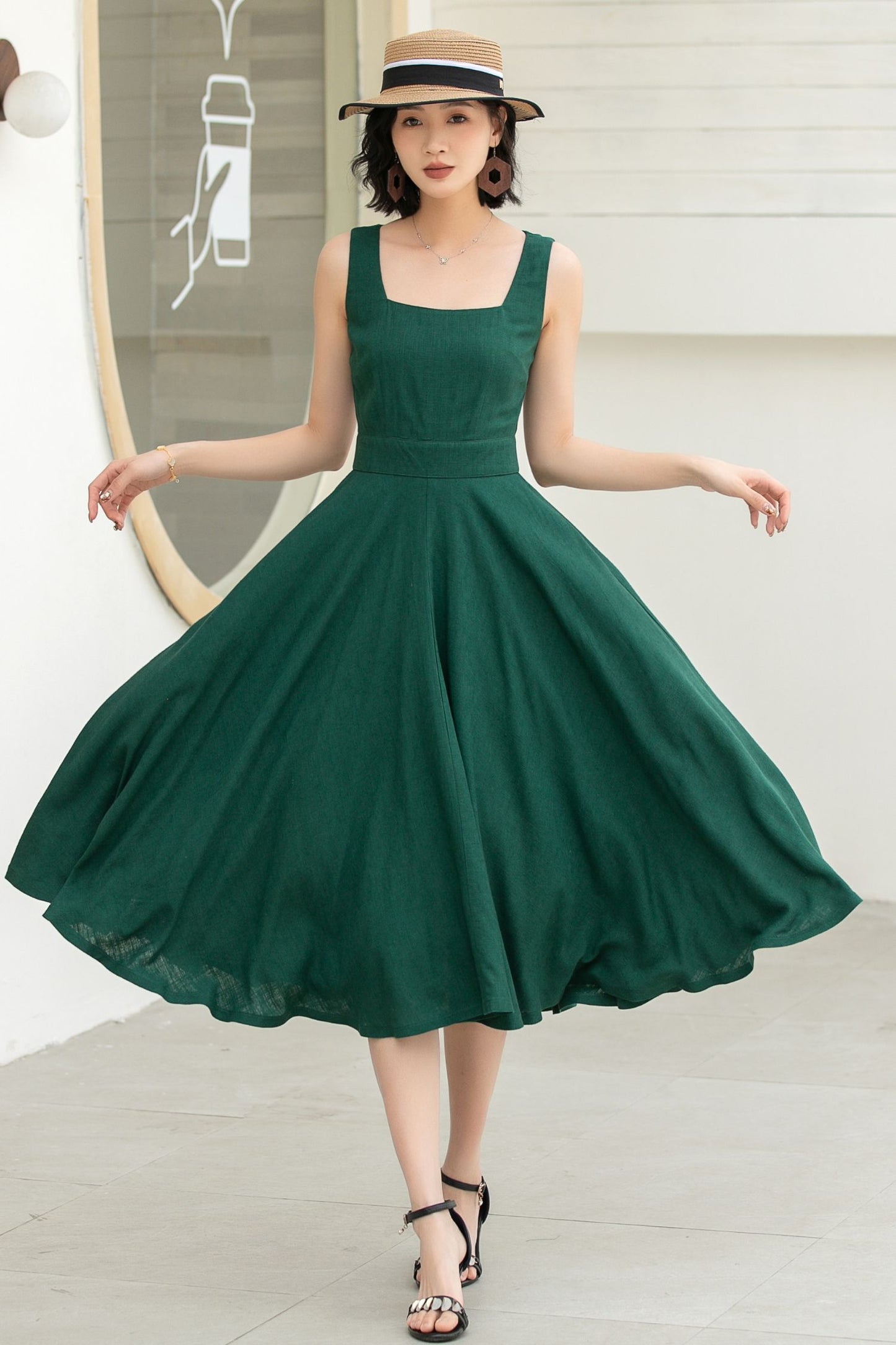 Stylish Deep Green A-Line Linen Suspender Dress with Square Neckline 5860