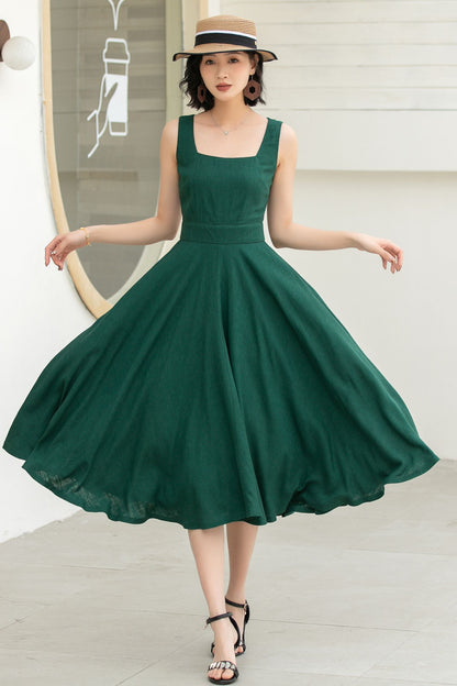Green Linen Cotton Midi Dress - A-Line Square Neck Pockets | Xiaolizi 5860
