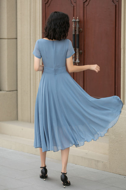 Blue Chiffon Midi Dress – Handmade Vintage Fit and Flare Swing Dress for Summer Weddings 5115
