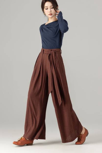 Brown Linen Cotton Wide Leg Pants - Fabric Belted Waist 5700