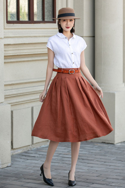 Rust Linen A-Line Midi Skirt - Pleated, Flowy Silhouette 4904