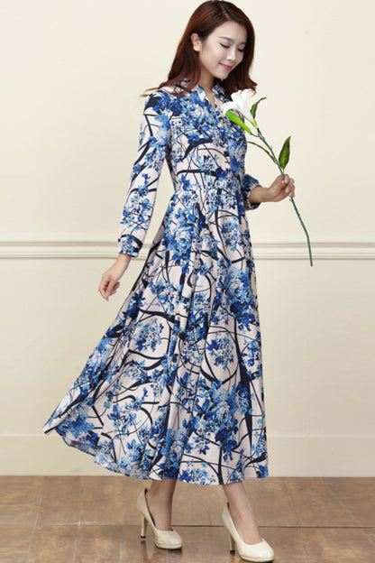 Floral Linen Midi Shirt Dress - Button Front Pockets | Xiaolizi 3419