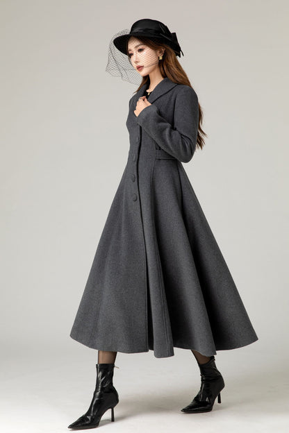 Handmade Charcoal Grey Wool Coat – Vintage Tailored A-line Long Winter Overcoat | Xiaolizi  5479