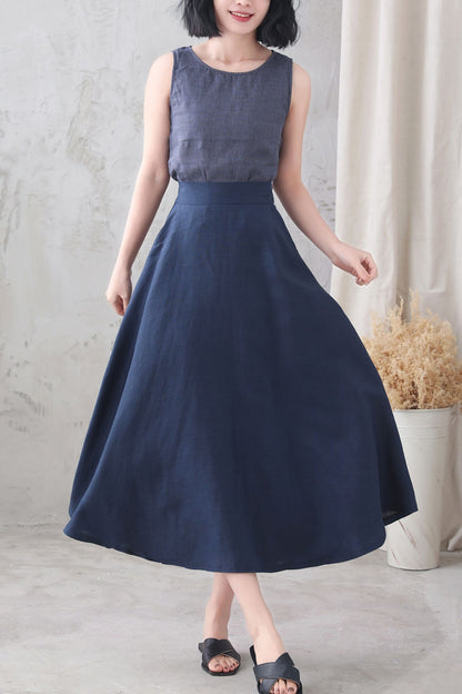 Dark Blue High Waist A Line Elastic Waist Linen Skirt 3339