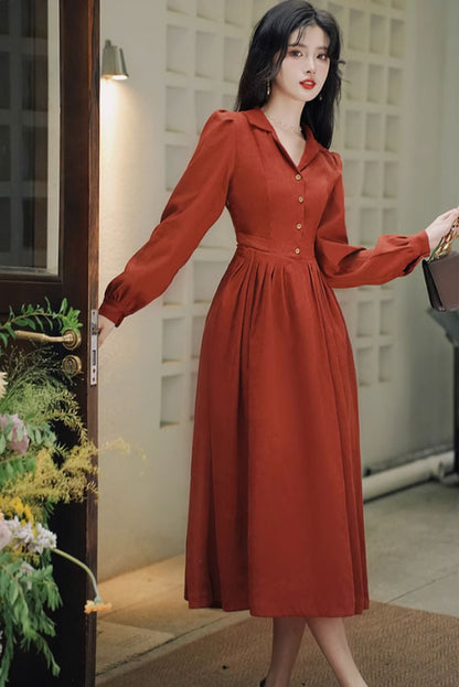 Rust Red Midi Shirt Dress - Long Sleeve Lapel | Xiaolizi 4803