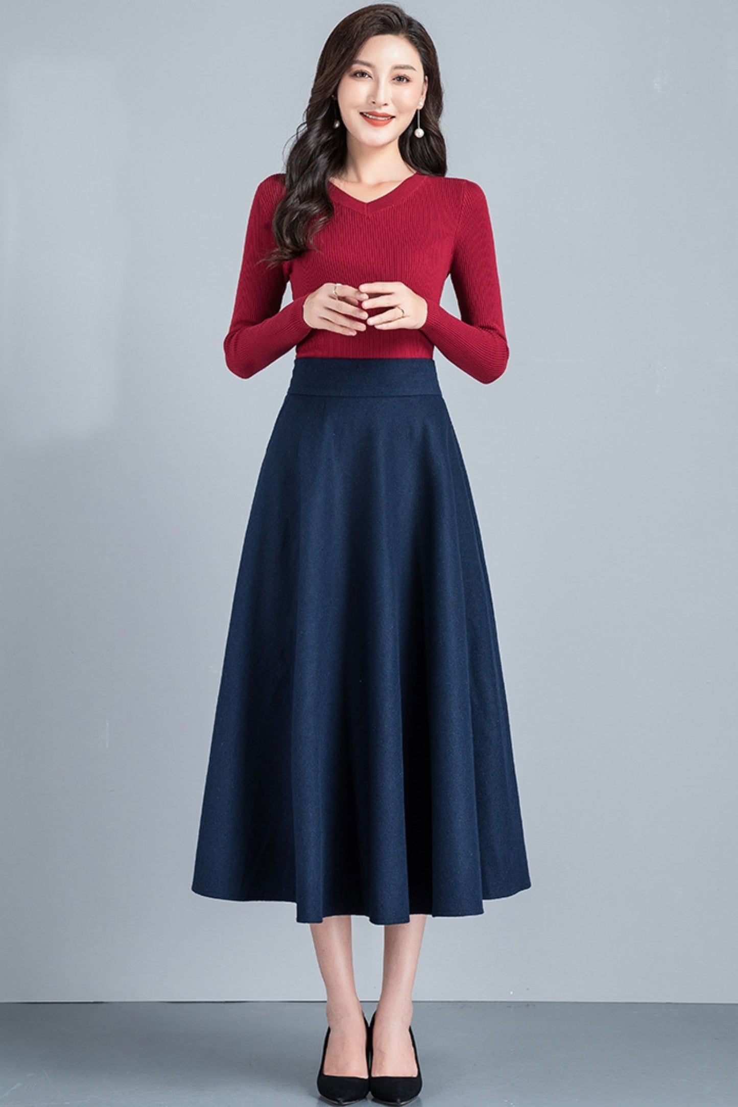 Handmade Wool Midi Skirt – Vintage A-Line High Waist with Pockets 6212