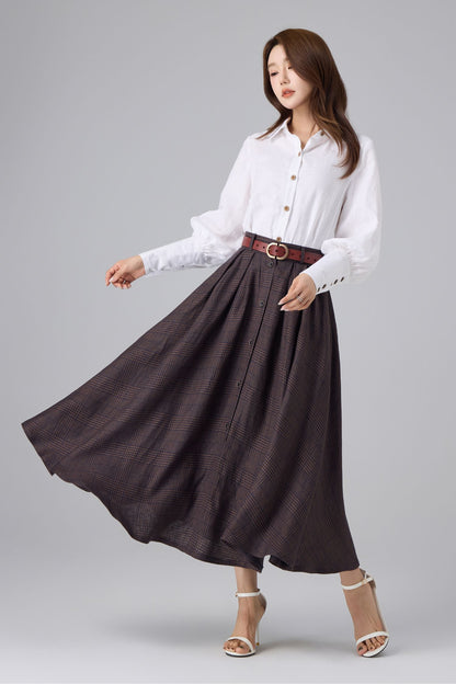 Brown Linen Cotton Skirt - Plaid High Waist | Xiaolizi 6756