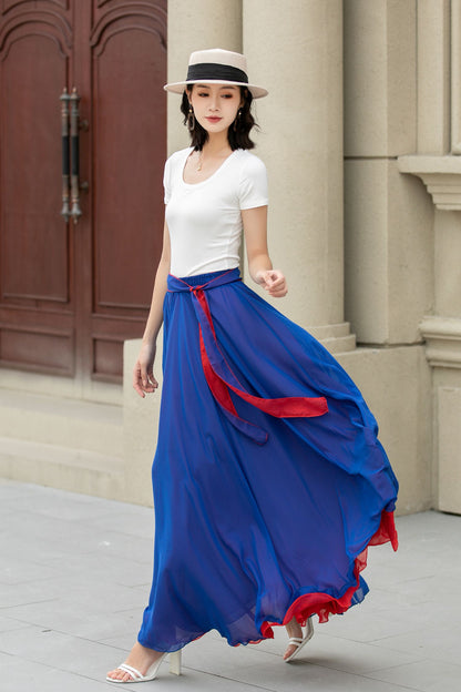 Red Chiffon Ankle-Length Skirt - Elastic Waist with Belt 5108