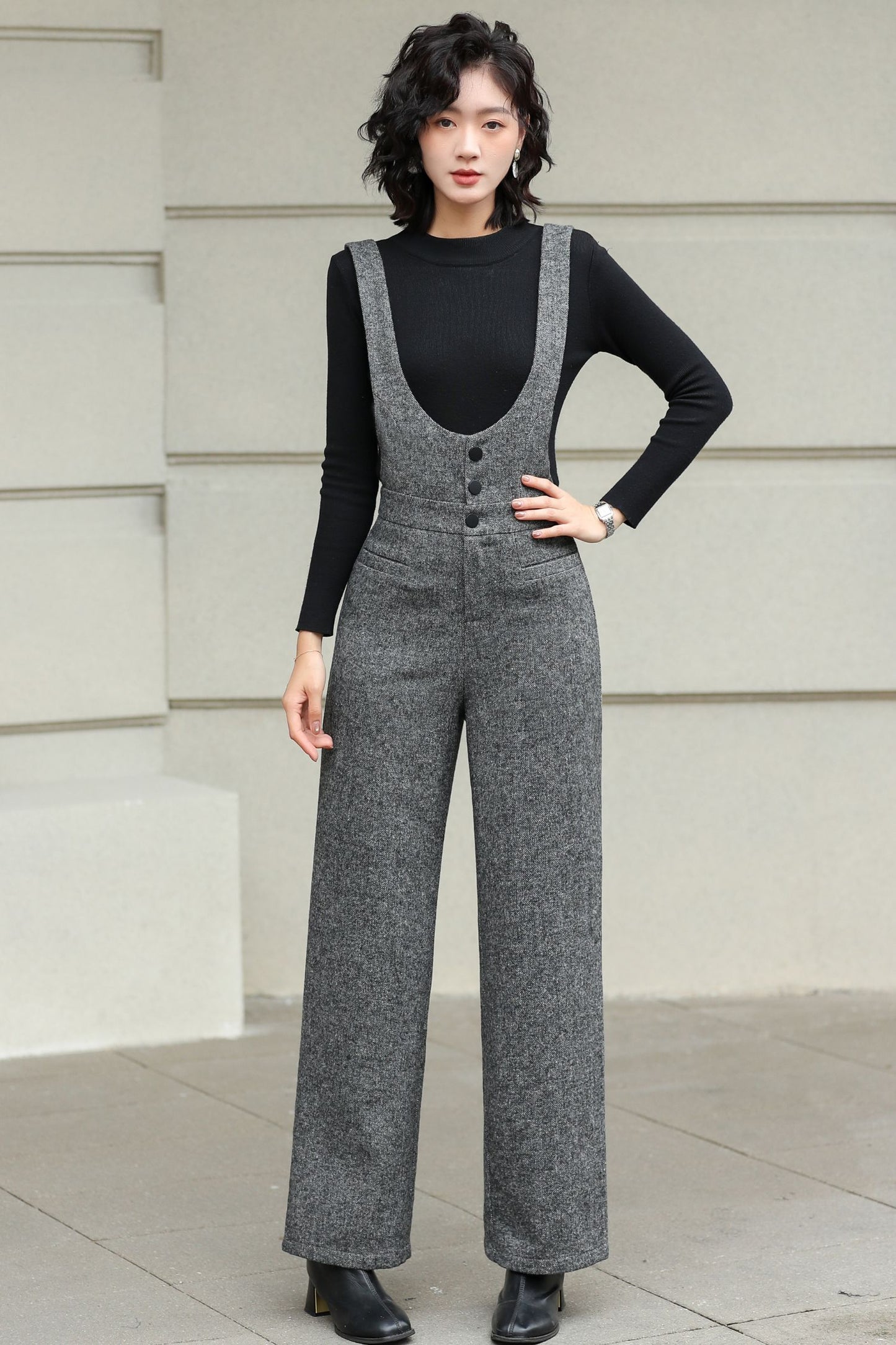 Long Suspender Wool Pants Women 6428