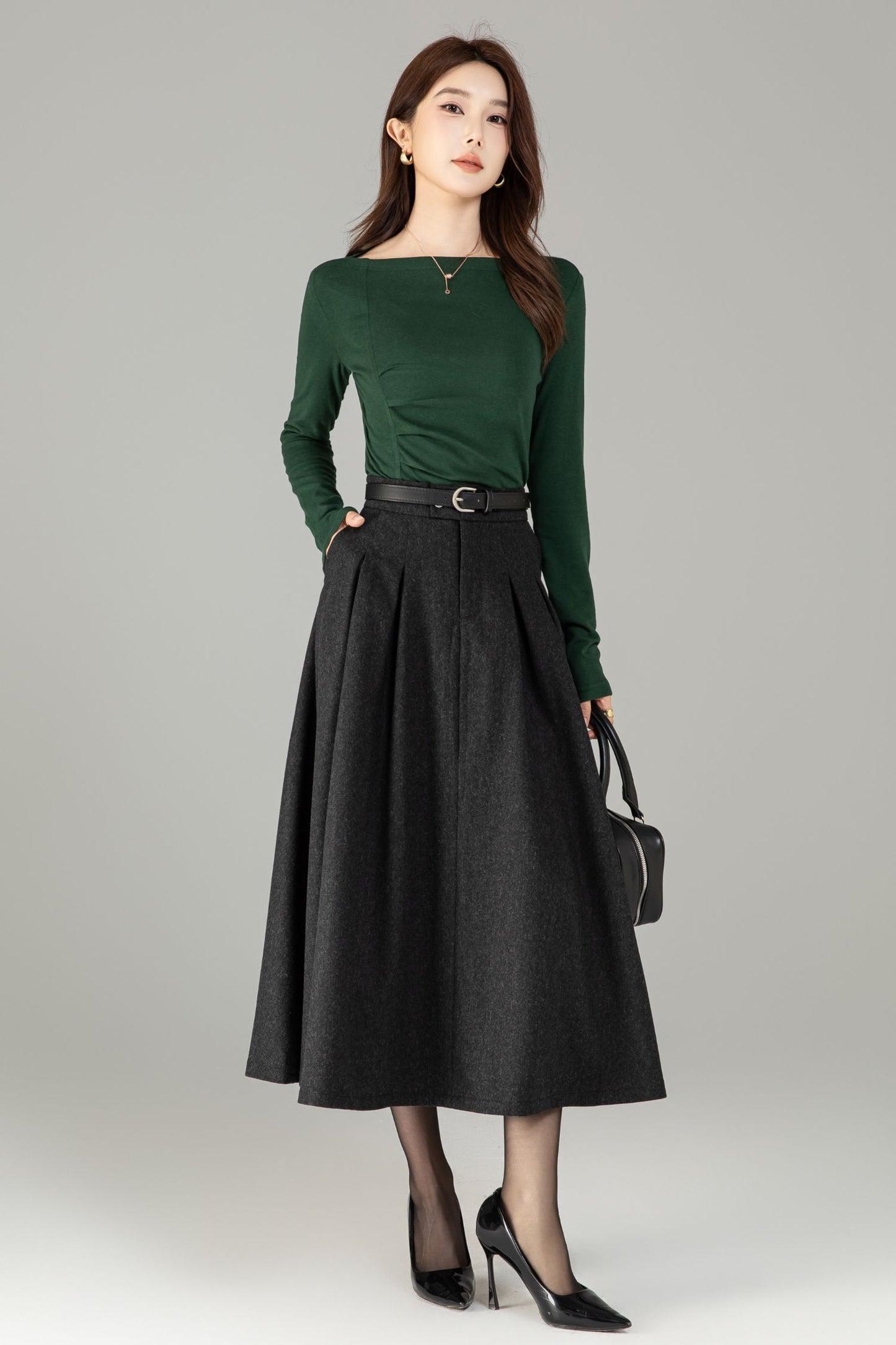 Xiaolizi Classic Pleated Wool-Blend A-Line Midi Skirt – Plus-Size Winter Black 6503