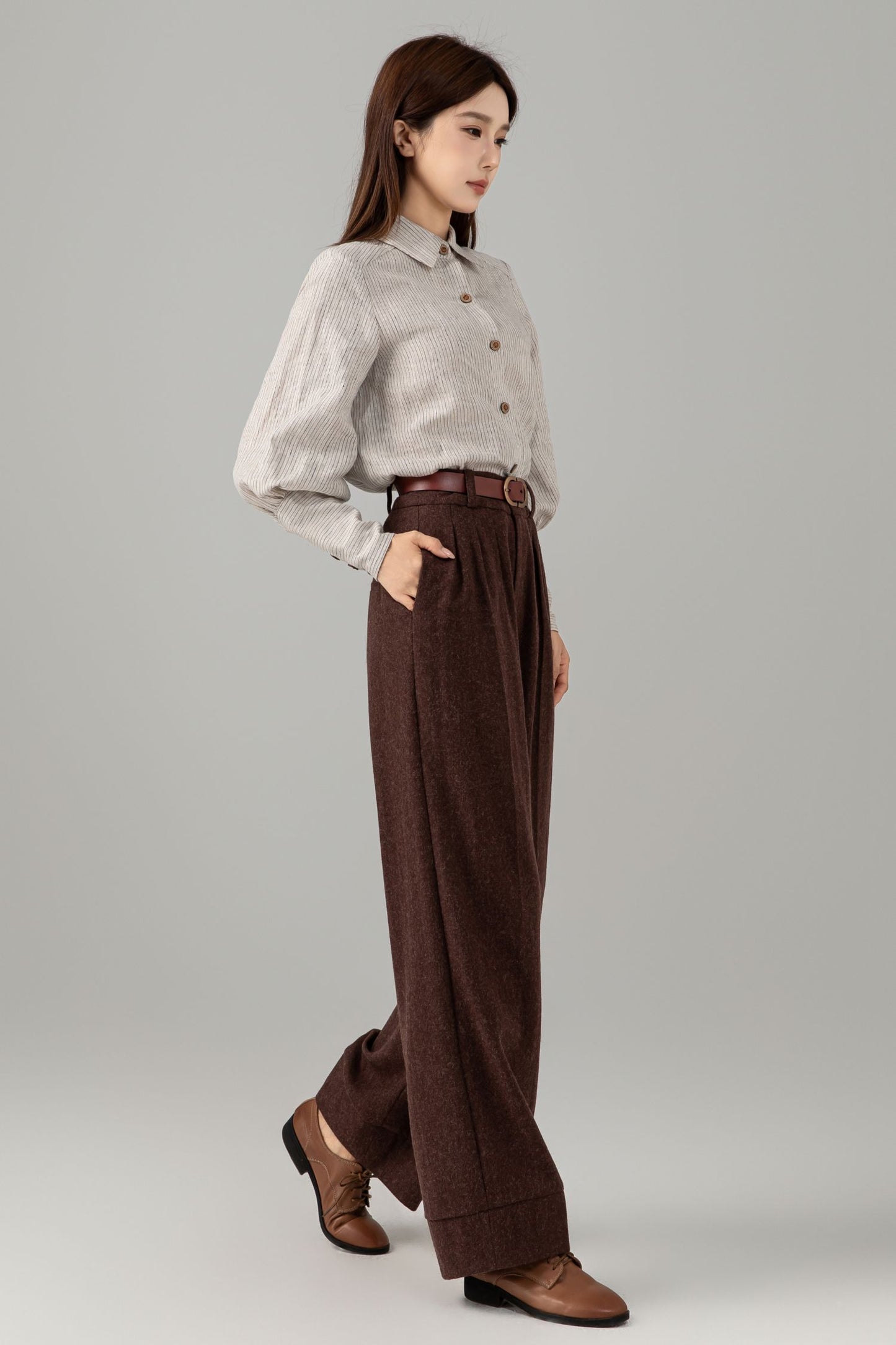 Striped Linen Shirt - Puff Sleeve Button Front | Xiaolizi 6544