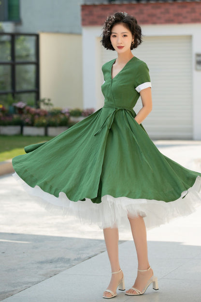 Green V-Neck Swing Midi dress with Waist Tie 5991 - S #CK2500302