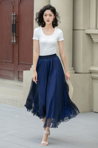 Blue Chiffon Midi Skirt - A-Line Swing with Elastic Waistband 5109