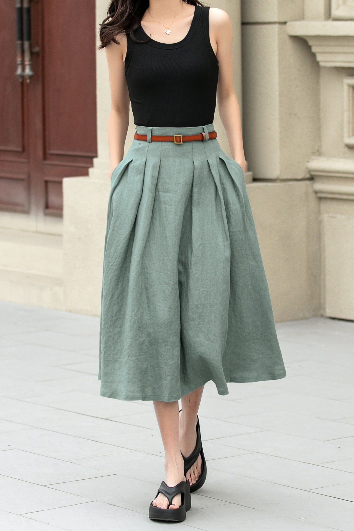 Pleated green midi summer linen skirt 4958