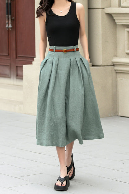 Green Linen Cotton Pleated Midi Skirt - A-Line Silhouette 4958