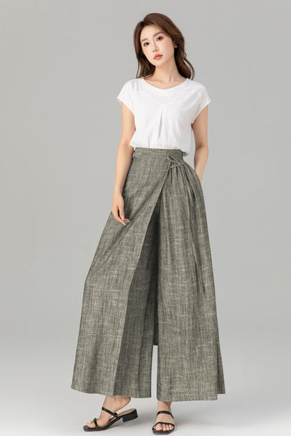 Gray Linen Wide Leg Wrap Pants - Flowing Tie Waist Detail 5749