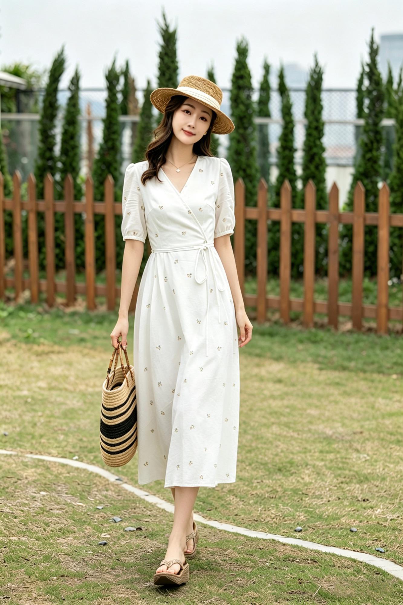 White Cotton Linen Wrap Midi Dress - Floral Embroidery V-Neck | Xiaolizi 6786