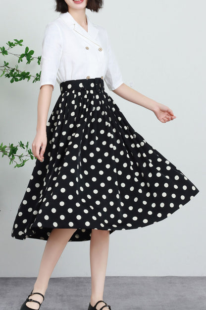 Black & White Polka Dot Polyester Midi Skirt - High-Waisted Pleated A-Line 5739