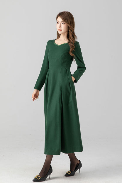 Green fit and flare midi wool dress women 4670