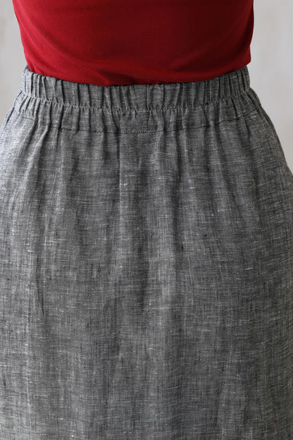 Grey Linen Cotton Maxi Skirt – Pleated Flare Skirt with Elastic Waist 2772