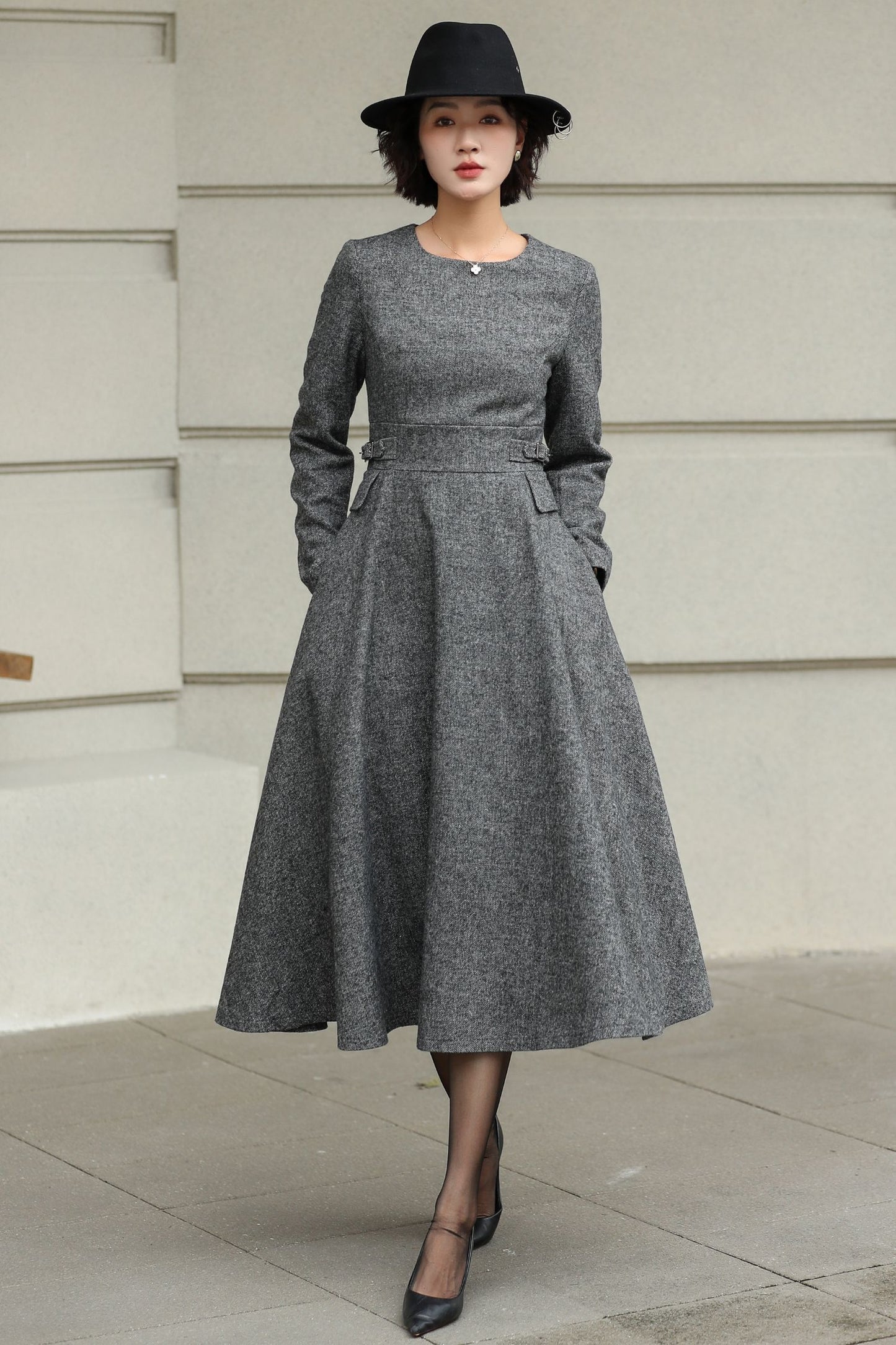 Classic Gray Fit And Flare Wool Dress 6530