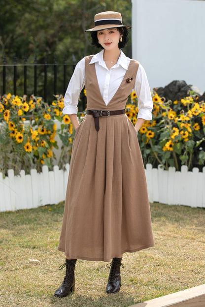 Xiaolizi Linen Pinafore Dress – Vintage V Neck Midi Swing Dress 6690