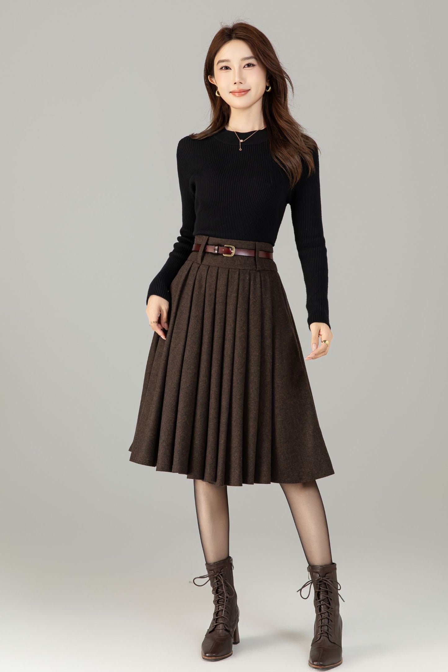 Vintage Wool Blend Circle Skirt – Handmade Knee Length Winter Skirt with Pockets | Xiaolizi 6499