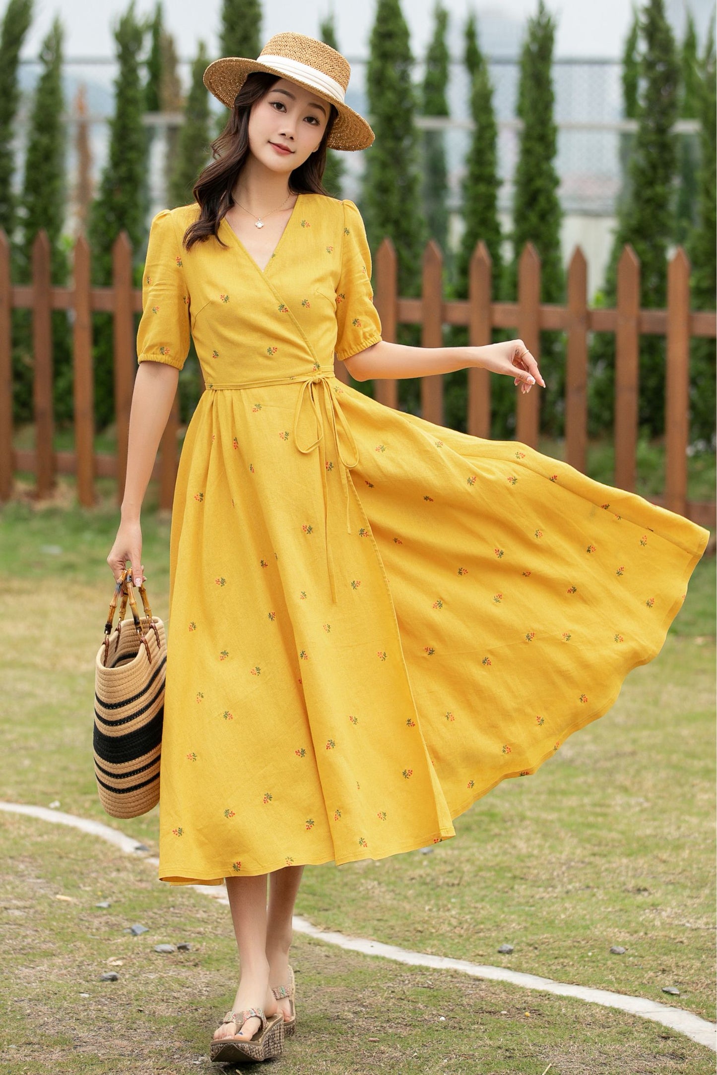 Yellow Linen Wrap Midi Dress with Floral Embroidery