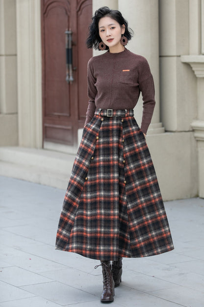 A line plaid midi wool skirt women 5355