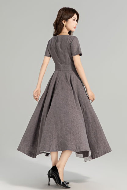 Cottagecore Linen Midi Dress with Pockets – Vintage Fit and Flare Summer Dress 4960