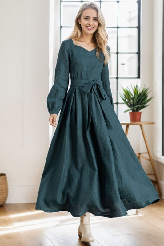 Customizable Dark Teal Linen Maxi Dress 5639