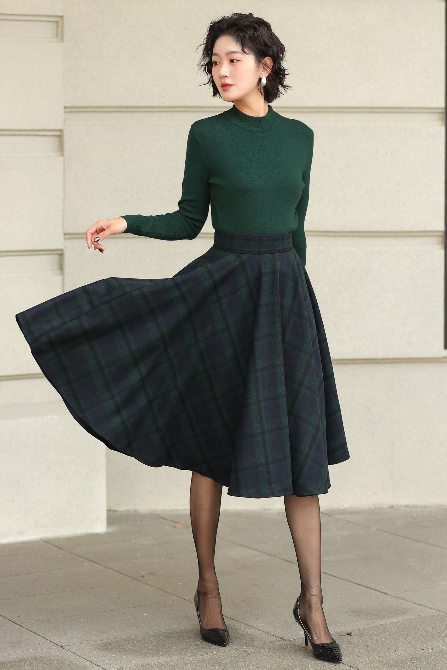 Knee length plaid winter wool skirt 6511