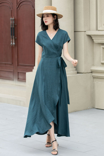 Short sleeve Green Linen Wrap dress 5142