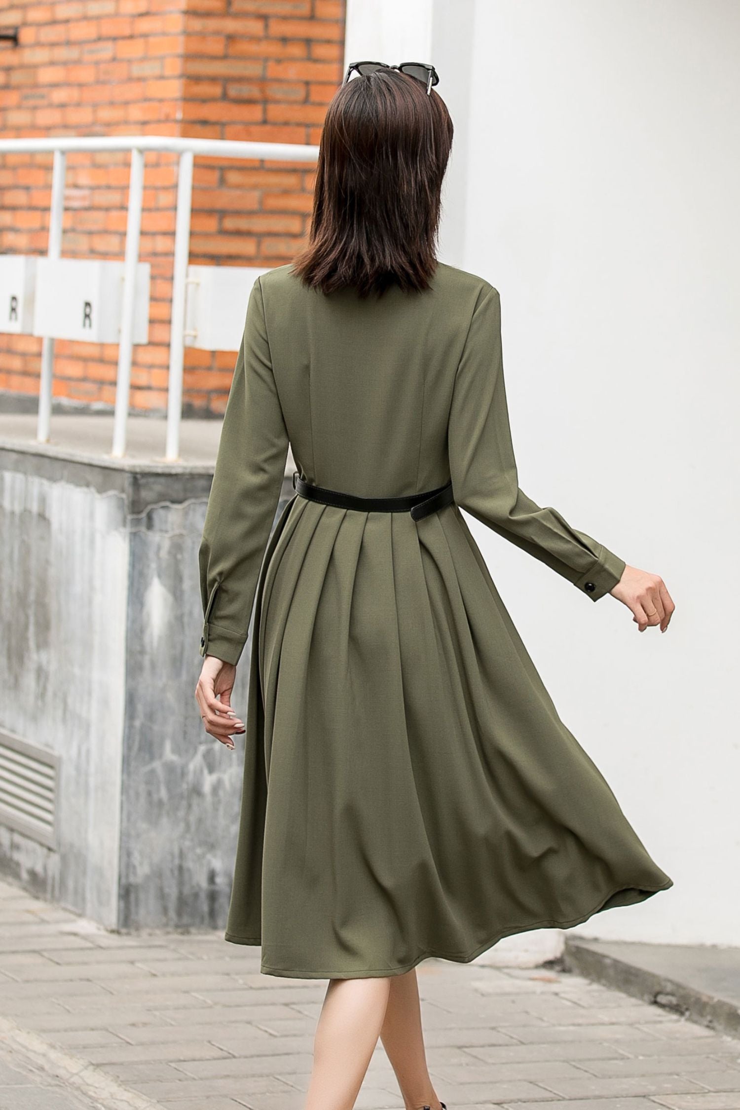 Green Polyester Shirt Dress | Long Sleeve Midi | Xiaolizi 2846 Green Polyester Shirt Dress | Long Sleeve Midi | Xiaolizi 2846