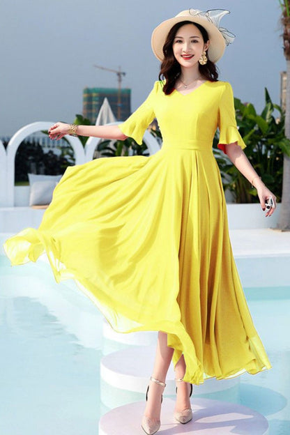 Chiffon Maxi Swing Dress - V-Neck Ruffle Sleeve Prom | Xiaolizi TT0039