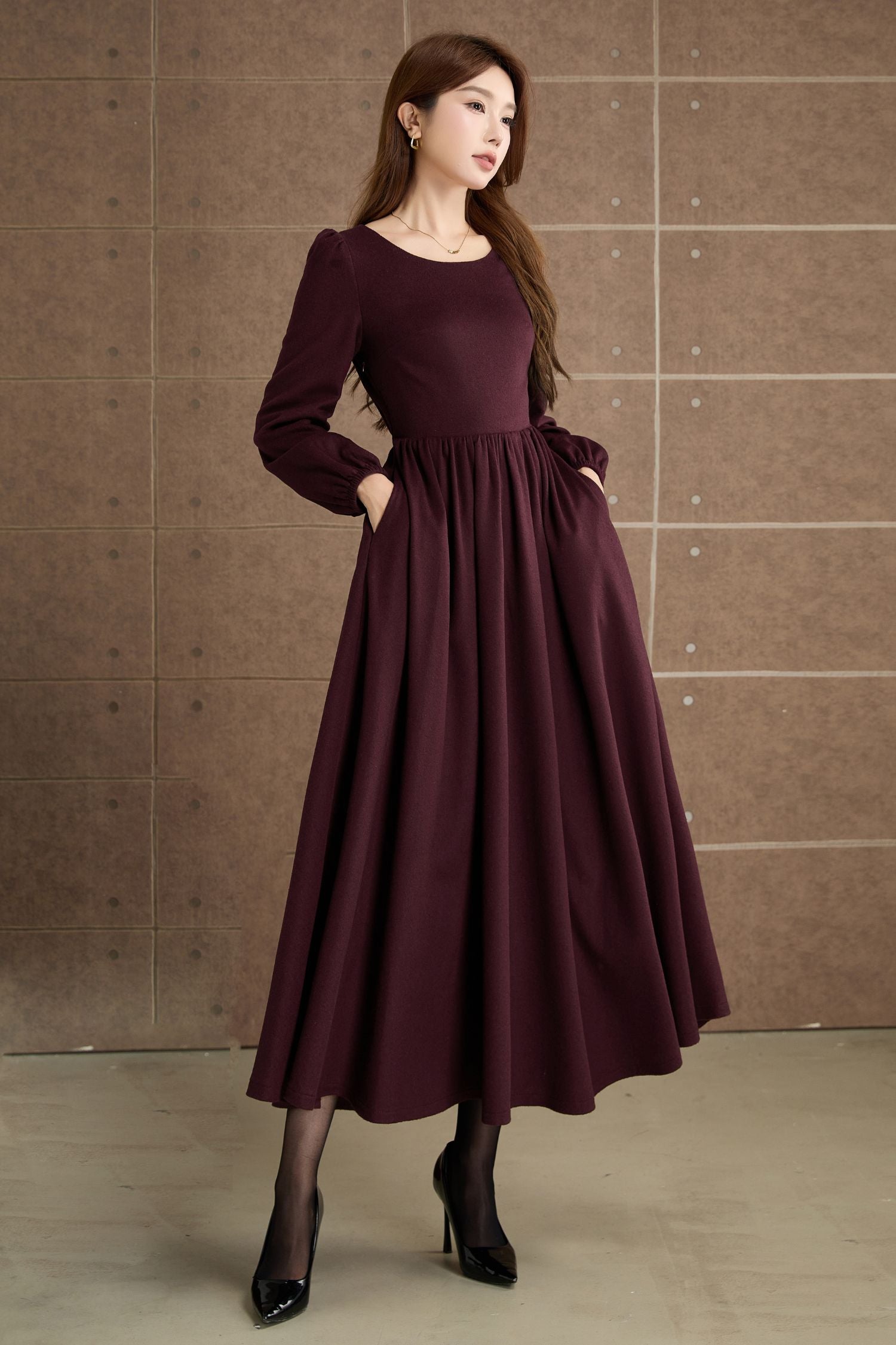 Burgundy Wool Maxi Dress Elegant Long Sleeve Vintage Winter Dress 5359 Black / M Burgundy Wool Maxi Dress Elegant Long Sleeve Vintage Winter Dress 5359 Black / M
