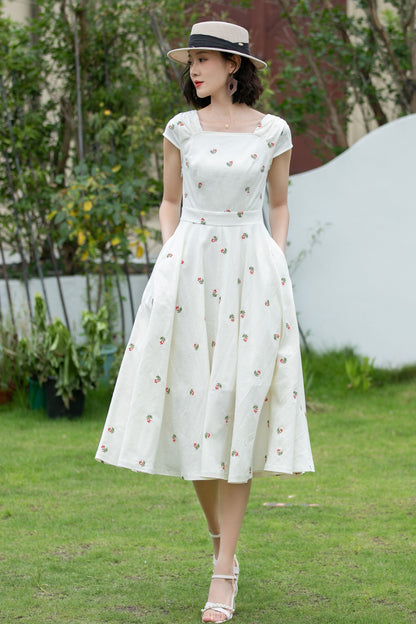 White Linen Fit and Flare Dress - Embroidered, Square Neckline 5203