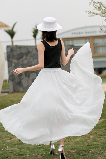 Boho Elastic Waist Pleated Maxi White Skirts 2718