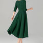Handmade Green Linen Cotton Midi Dress – Classic Fit & Flare with Pockets 5580