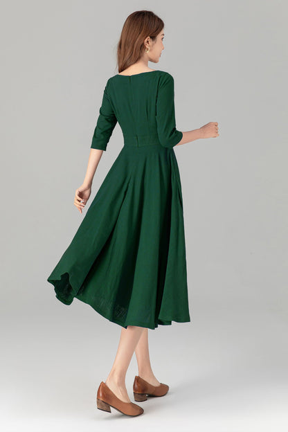 Emerald Green Linen Midi Dress – Handmade Fit & Flare Work Dress with Pockets | Xiaolizi 5580