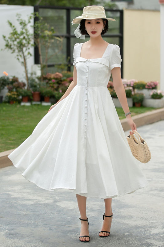 White Linen Midi swing Dress 5980