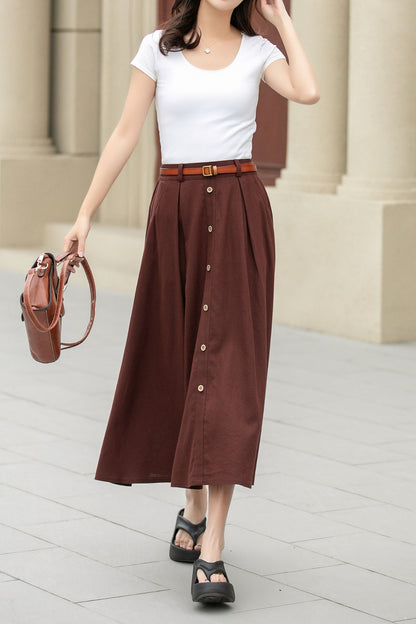 A line brown button front midi linen skirt 4949